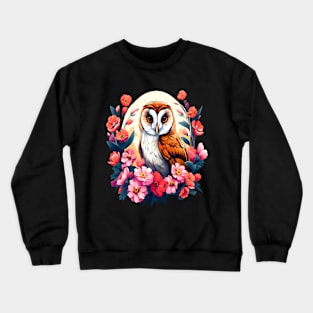 Cute European Barn Owl Surrounded by Bold Vibrant Spring Flowers Crewneck Sweatshirt